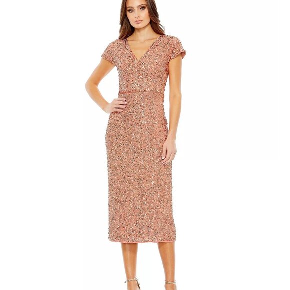 Mac Duggal Rose Gold Peachy Sequined Short Sleeve Midi Dress Style 10766 - Picture 1 of 9